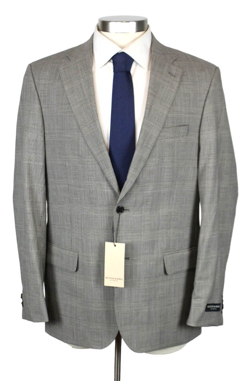 Scotch & Soda Suit Jacket 42 L Mens Grey Plaid Wool Stretch Contemporary Fit
